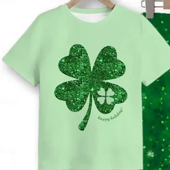 St. Patrick Girls' 3D Four Leaf Clover Tee & Pants Pajama Sets Short Sleeve 3D Print Summer Spring Fall Active Fashion Cute Polyester Kids 4 years+ Crew Neck Home Causal Indoor Regular Fit