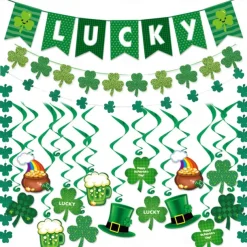 St Patricks Day Decorations Kit, 26pcs Felt Shamrock LUCKY Banner, Including Letter Banner, Swirls, Lucky Green Clover Cupcake Toppers, for St Patricks Day