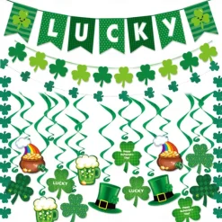 St Patricks Day Decorations Kit, 26pcs Felt Shamrock LUCKY Banner, Including Letter Banner, Swirls, Lucky Green Clover Cupcake Toppers, for St Patricks Day