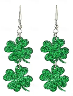 St. Patrick's Day Green Glitter Hat Earrings – Shamrock Design, Fun Festive Jewelry for Women, Perfect for Irish Celebrations and Holiday Parties