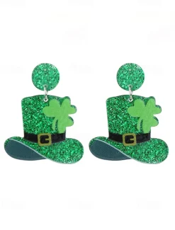 St. Patrick's Day Green Glitter Hat Earrings – Shamrock Design, Fun Festive Jewelry for Women, Perfect for Irish Celebrations and Holiday Parties