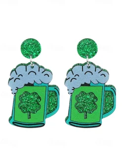 St. Patrick's Day Green Glitter Hat Earrings – Shamrock Design, Fun Festive Jewelry for Women, Perfect for Irish Celebrations and Holiday Parties