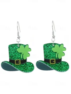 St. Patrick's Day Green Glitter Hat Earrings – Shamrock Design, Fun Festive Jewelry for Women, Perfect for Irish Celebrations and Holiday Parties