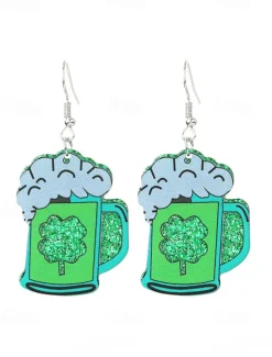 St. Patrick's Day Green Glitter Hat Earrings – Shamrock Design, Fun Festive Jewelry for Women, Perfect for Irish Celebrations and Holiday Parties
