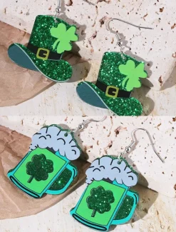 St. Patrick's Day Green Glitter Hat Earrings – Shamrock Design, Fun Festive Jewelry for Women, Perfect for Irish Celebrations and Holiday Parties