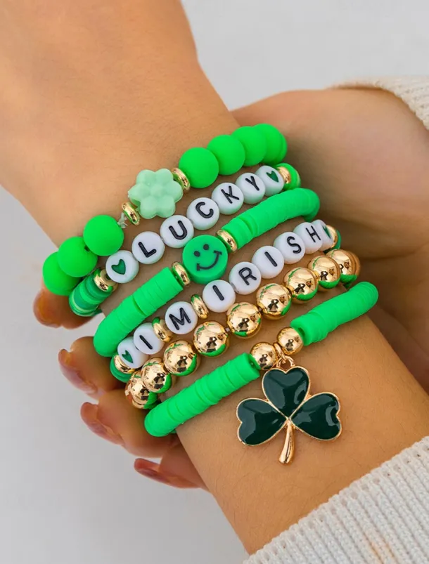 St. Patrick's Day Lucky Charm Bracelets – Irish Green Beaded Stretch Bracelet Set for Women, Festive Holiday Accessories with Shamrock and Letter Details