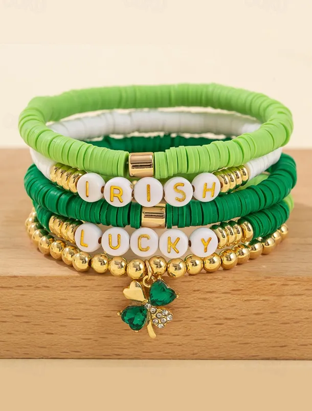 St. Patrick's Day Lucky Charm Bracelets – Irish Green Beaded Stretch Bracelet Set for Women, Festive Holiday Accessories with Shamrock and Letter Details