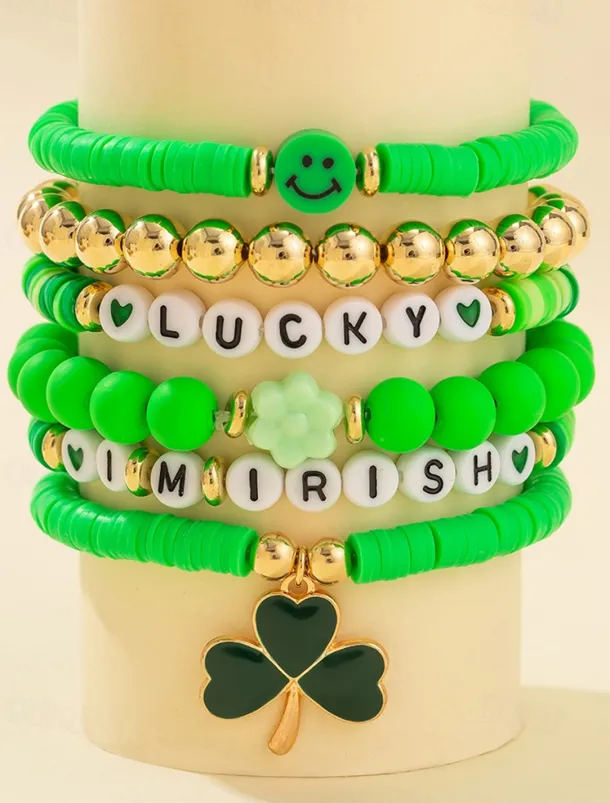 St. Patrick's Day Lucky Charm Bracelets – Irish Green Beaded Stretch Bracelet Set for Women, Festive Holiday Accessories with Shamrock and Letter Details