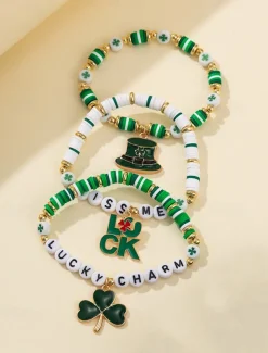 St. Patrick's Day Lucky Charm Bracelets – Irish Green Beaded Stretch Bracelet Set for Women, Festive Holiday Accessories with Shamrock and Letter Details