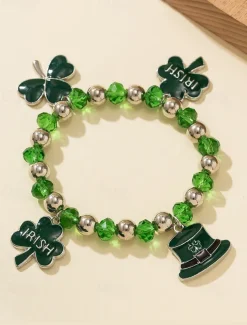 St. Patrick's Day Lucky Charm Bracelets – Irish Green Beaded Stretch Bracelet Set for Women, Festive Holiday Accessories with Shamrock and Letter Details