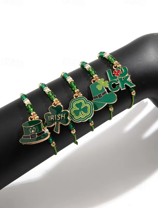 St. Patrick's Day Lucky Charm Bracelets – Irish Green Beaded Stretch Bracelet Set for Women, Festive Holiday Accessories with Shamrock and Letter Details