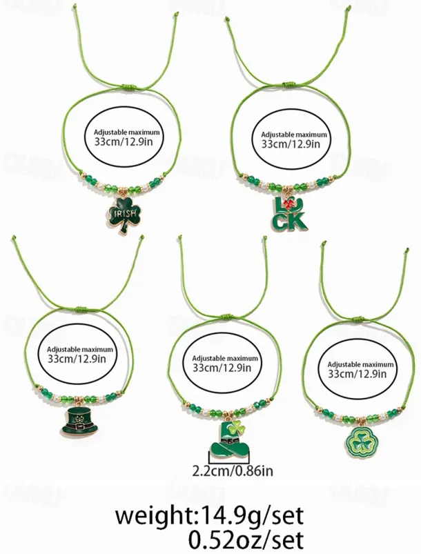 St. Patrick's Day Lucky Charm Bracelets – Irish Green Beaded Stretch Bracelet Set for Women, Festive Holiday Accessories with Shamrock and Letter Details