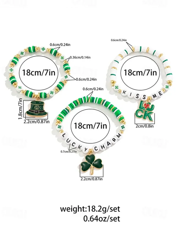 St. Patrick's Day Lucky Charm Bracelets – Irish Green Beaded Stretch Bracelet Set for Women, Festive Holiday Accessories with Shamrock and Letter Details