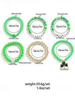 St. Patrick's Day Lucky Charm Bracelets – Irish Green Beaded Stretch Bracelet Set for Women, Festive Holiday Accessories with Shamrock and Letter Details