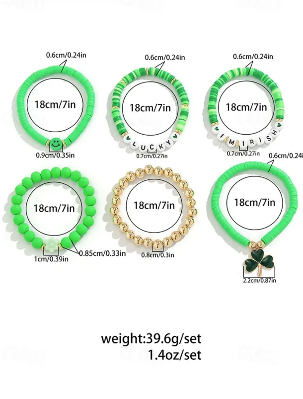 St. Patrick's Day Lucky Charm Bracelets – Irish Green Beaded Stretch Bracelet Set for Women, Festive Holiday Accessories with Shamrock and Letter Details