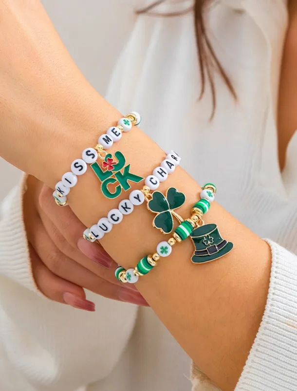 St. Patrick's Day Lucky Charm Bracelets – Irish Green Beaded Stretch Bracelet Set for Women, Festive Holiday Accessories with Shamrock and Letter Details