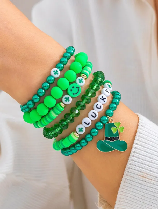 St. Patrick's Day Lucky Charm Bracelets – Irish Green Beaded Stretch Bracelet Set for Women, Festive Holiday Accessories with Shamrock and Letter Details