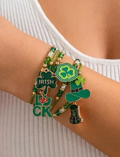 St. Patrick's Day Lucky Charm Bracelets – Irish Green Beaded Stretch Bracelet Set for Women, Festive Holiday Accessories with Shamrock and Letter Details
