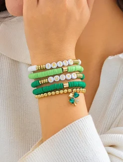St. Patrick's Day Lucky Charm Bracelets – Irish Green Beaded Stretch Bracelet Set for Women, Festive Holiday Accessories with Shamrock and Letter Details