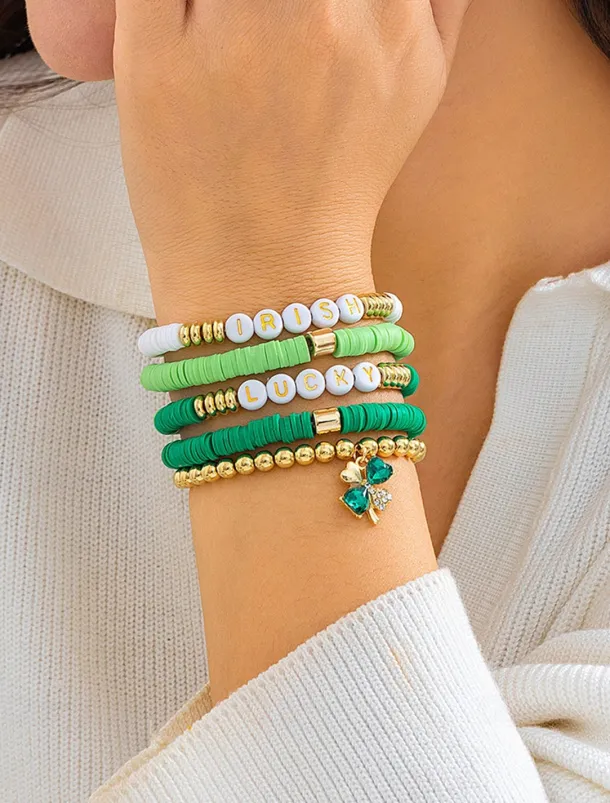 St. Patrick's Day Lucky Charm Bracelets – Irish Green Beaded Stretch Bracelet Set for Women, Festive Holiday Accessories with Shamrock and Letter Details