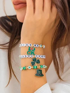 St. Patrick's Day Lucky Charm Bracelets – Irish Green Beaded Stretch Bracelet Set for Women, Festive Holiday Accessories with Shamrock and Letter Details