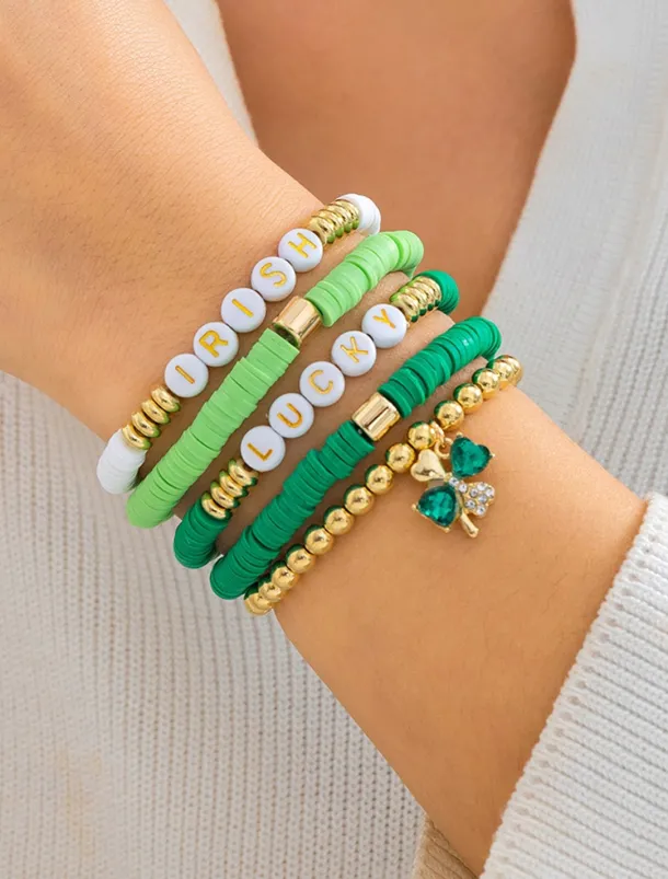 St. Patrick's Day Lucky Charm Bracelets – Irish Green Beaded Stretch Bracelet Set for Women, Festive Holiday Accessories with Shamrock and Letter Details