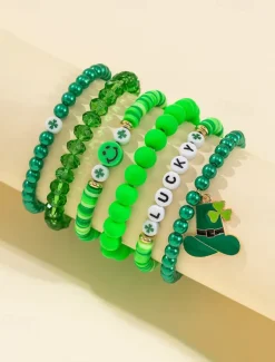 St. Patrick's Day Lucky Charm Bracelets – Irish Green Beaded Stretch Bracelet Set for Women, Festive Holiday Accessories with Shamrock and Letter Details
