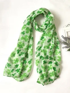 St. Patrick's Day Shamrock Scarf for Women, Lightweight Clover Print Wrap, Festive Green Accessory for Holiday Celebrations, Parties, and Everyday Wear