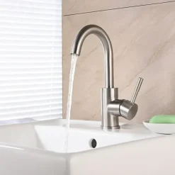 Stainless Steel Bathroom Sink Faucet Brushed Bath Taps Single Handle One Hole Adjustable Cold and Hot Water