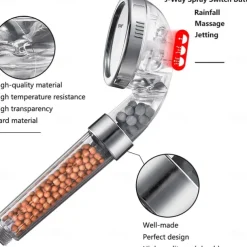 Stainless Steel Shower Head, Filter Filtration High Pressure Water Saving 3 Mode Function Spray Handheld Showerheads for Dry Skin & Hair