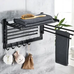 Stainless Steel Towel Rack,Bathroom Towel Rack with Shelf,Foldable Towel Shelf with Movable Hooks Rustproof Towel Storage Wall Mount for Bathroom Lavatory Matte Black