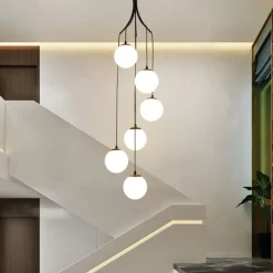 Staircase Chandelier 3/6/9 Light High Ceiling Modern LED Glass Round Nordic Art Chandelier Long Chandelier White Living Room Restaurant Hotel Corridor Entrance Stairs