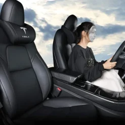 StarFire 1 Pack Genuine Leather Hanging Car Seat Pillow Neck Support Headrest for Tesla 3 S X Y Models Black Red Coffee Colors Optional