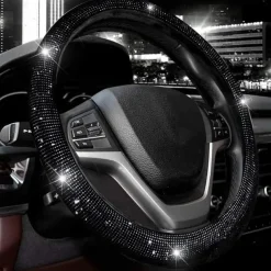 Steering Wheel Cover for Women Men Bling Bling Crystal Diamond Sparkling Car SUV Wheel Protector Universal Fit 15 Inch (Black with Blue DiamondStandard Size