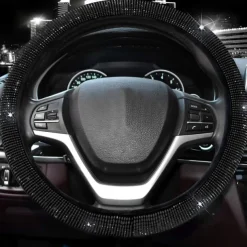 Steering Wheel Cover for Women Men Bling Bling Crystal Diamond Sparkling Car SUV Wheel Protector Universal Fit 15 Inch (Black with Blue DiamondStandard Size