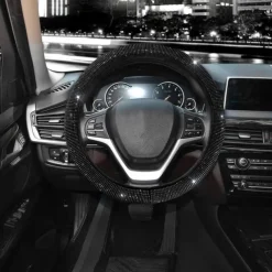 Steering Wheel Cover for Women Men Bling Bling Crystal Diamond Sparkling Car SUV Wheel Protector Universal Fit 15 Inch (Black with Blue DiamondStandard Size