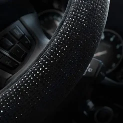 Steering Wheel Cover for Women Men Bling Bling Crystal Diamond Sparkling Car SUV Wheel Protector Universal Fit 15 Inch (Black with Blue DiamondStandard Size