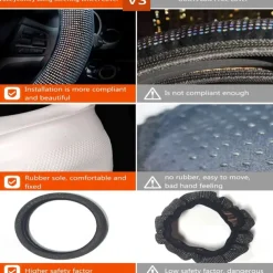 Steering Wheel Cover for Women Men Bling Bling Crystal Diamond Sparkling Car SUV Wheel Protector Universal Fit 15 Inch (Black with Blue DiamondStandard Size