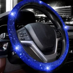 Steering Wheel Cover for Women Men Bling Bling Crystal Diamond Sparkling Car SUV Wheel Protector Universal Fit 15 Inch (Black with Blue DiamondStandard Size
