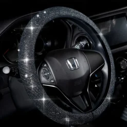 Steering Wheel Cover for Women Men Bling Bling Crystal Diamond Sparkling Car SUV Wheel Protector Universal Fit 15 Inch (Black with Blue DiamondStandard Size