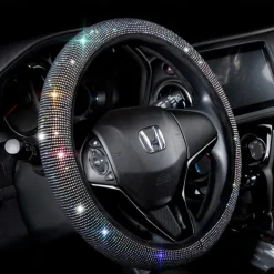 Steering Wheel Cover for Women Men Bling Bling Crystal Diamond Sparkling Car SUV Wheel Protector Universal Fit 15 Inch (Black with Blue DiamondStandard Size