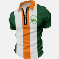St.Patrick's Day Men's Zip Polo Polo Shirt Golf Shirt Beer Saint Patrick Day St. Patrick's Day Clover Turndown Green Outdoor Street Short Sleeves Zipper Print Clothing Apparel Fashion Designer Casual