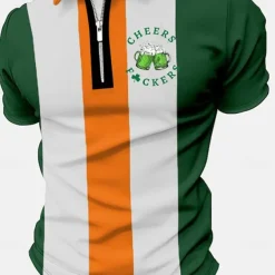 St.Patrick's Day Men's Zip Polo Polo Shirt Golf Shirt Beer Saint Patrick Day St. Patrick's Day Clover Turndown Green Outdoor Street Short Sleeves Zipper Print Clothing Apparel Fashion Designer Casual