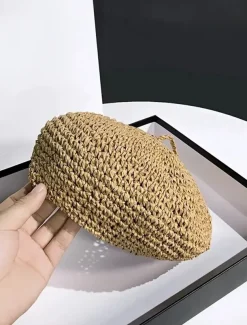 Straw Crochet Thin Beret Hats Solid Color Casual Painter Cap Lightweight Breathable Berets For Women Girls Spring & Summer