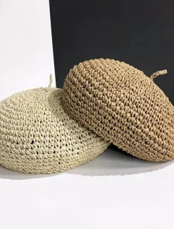 Straw Crochet Thin Beret Hats Solid Color Casual Painter Cap Lightweight Breathable Berets For Women Girls Spring & Summer