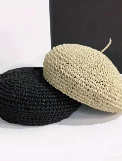 Straw Crochet Thin Beret Hats Solid Color Casual Painter Cap Lightweight Breathable Berets For Women Girls Spring & Summer