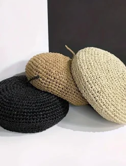 Straw Crochet Thin Beret Hats Solid Color Casual Painter Cap Lightweight Breathable Berets For Women Girls Spring & Summer