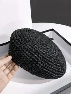 Straw Crochet Thin Beret Hats Solid Color Casual Painter Cap Lightweight Breathable Berets For Women Girls Spring & Summer