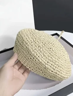 Straw Crochet Thin Beret Hats Solid Color Casual Painter Cap Lightweight Breathable Berets For Women Girls Spring & Summer
