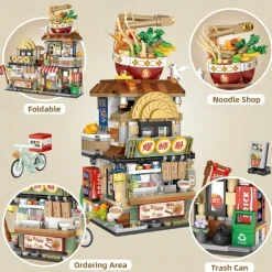 Street View Noodle Shop Mini Building Blocks MOC Creative Building Toys Model Set for Girls 7-9 Years Old 870 PCS Simulation Architecture Construction Toy Gift Idea for Kids Adults